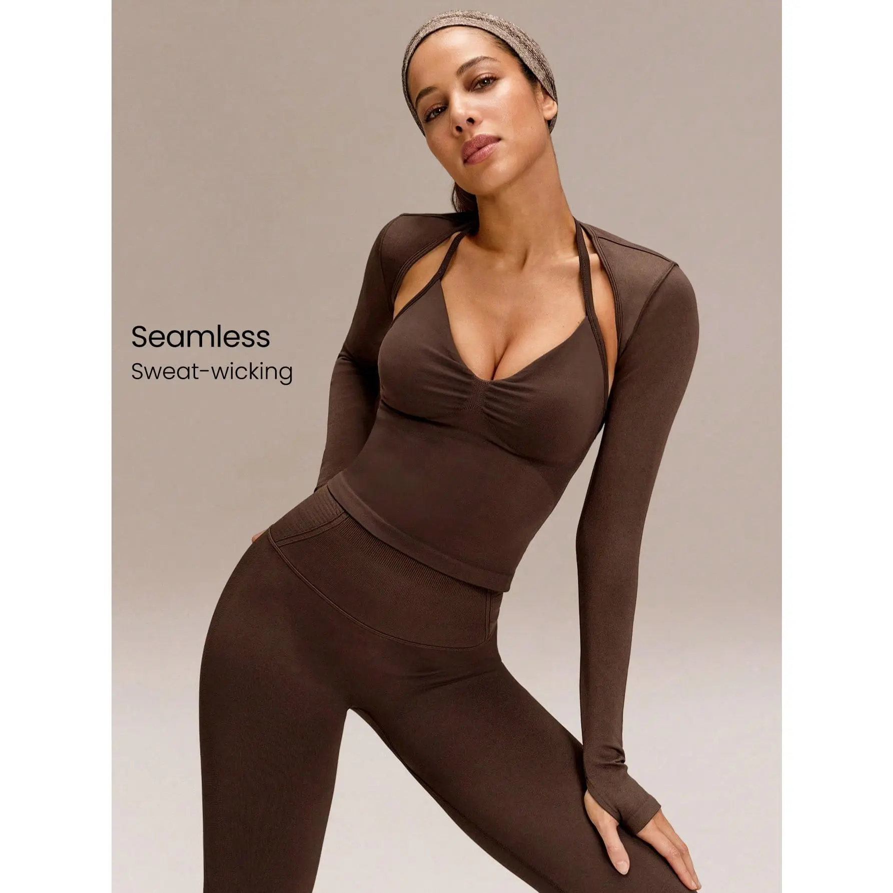 GLOWMODE Ultrafine Soft Seamless Don't Sweat It Stretchy Slim-Fit Logo Cuffs Long-Sleeve Shrug Yoga Pilates Studio Training Gym Daily Active Wear