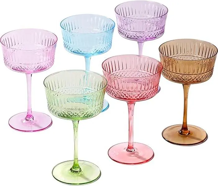 Physkoa   coupe glass Vintage Colored Coupe Glasses 9.3 oz Art Deco Coupe Glassware Set of 6-Crystal Martini Cocktail Glassware-Vintage Cocktail Glasses Set-Gifts for Mom from Daughter Son Kids