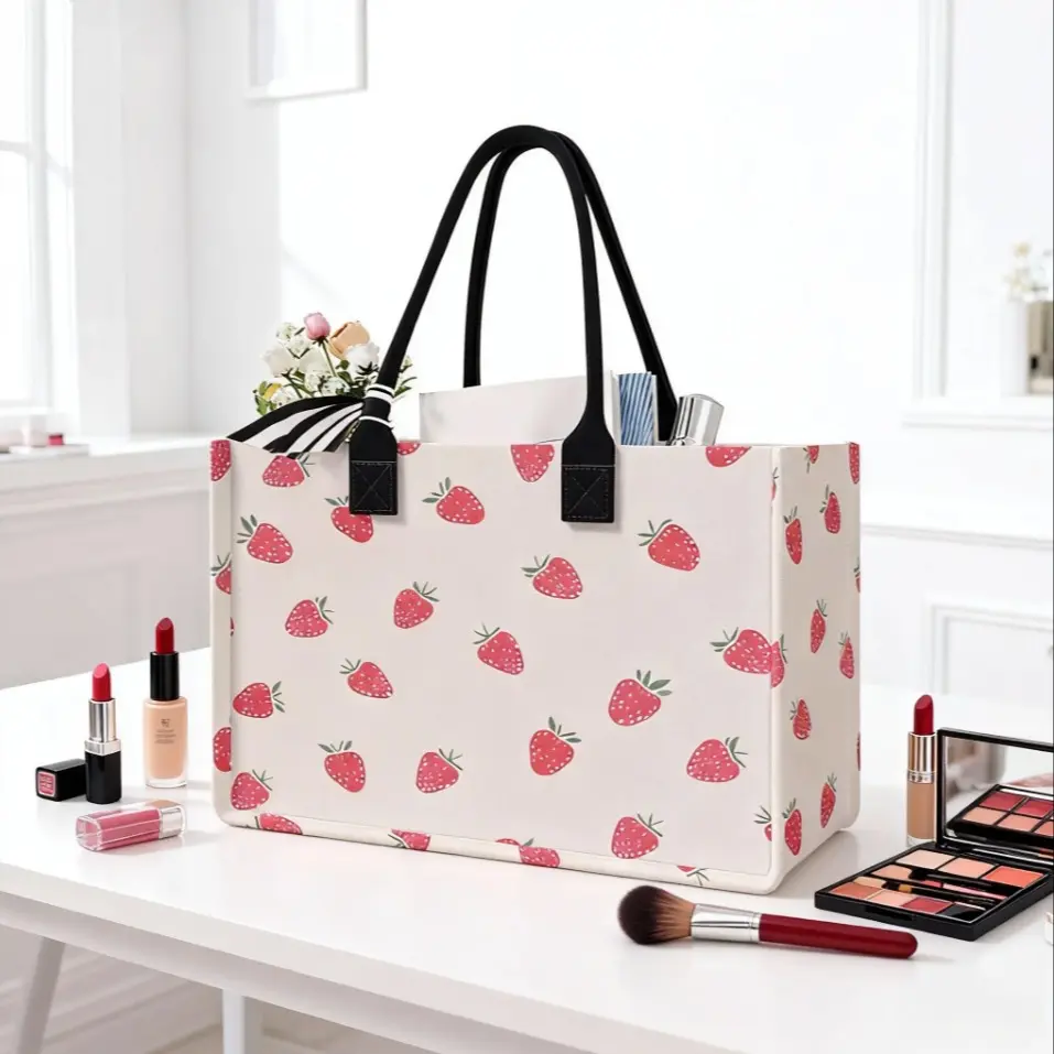 Strawberry Print Large Capacity Storage Bag, Fashionable Reusable Shopping Bag, Super Size Organizer, Durable Handle, Space Saving Multi-Purpose, Ideal for School, Travel, Shopping, Reusable Bags, Strawberry Themed Bag