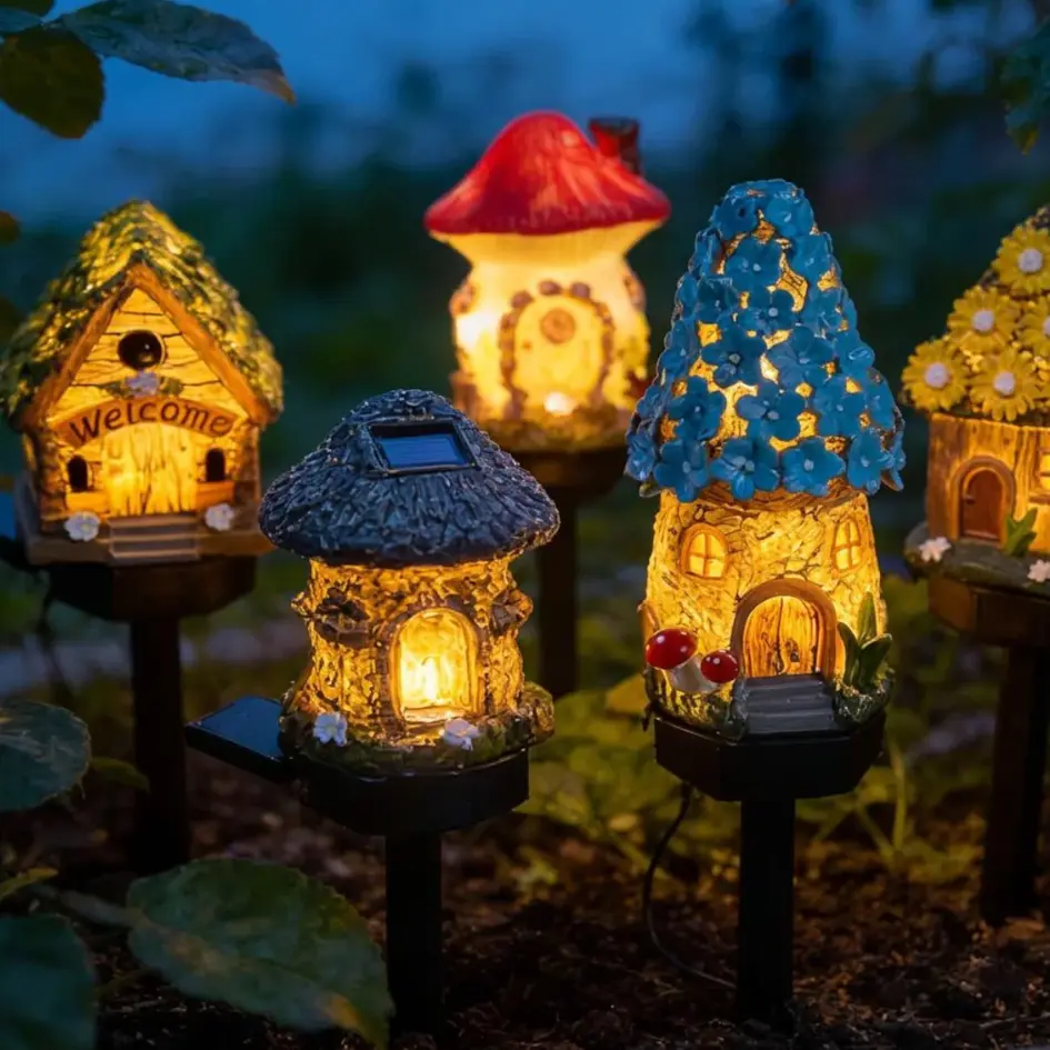 Solar-Powered Fairy House Garden Stake Lights, Resin Mini Elf Cottage Waterproof Pathway Lamp, Whimsical Landscape Ornament Gift for Lawn Flower Bed (Home Improvement Garden Supplies)