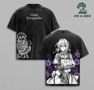 Violet Evergarden Anime T Shirt Emotional Letter Girl Rose Floral Back Graphic Vintage Washed Oversized Japanese Streetwear Heavyweight Cotton Unisex Manga Tee