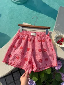 Women's New Summer and Checkered Plaid Embroidered Shorts, Fitted Chic Style for Family Gatherings & Casual Outings