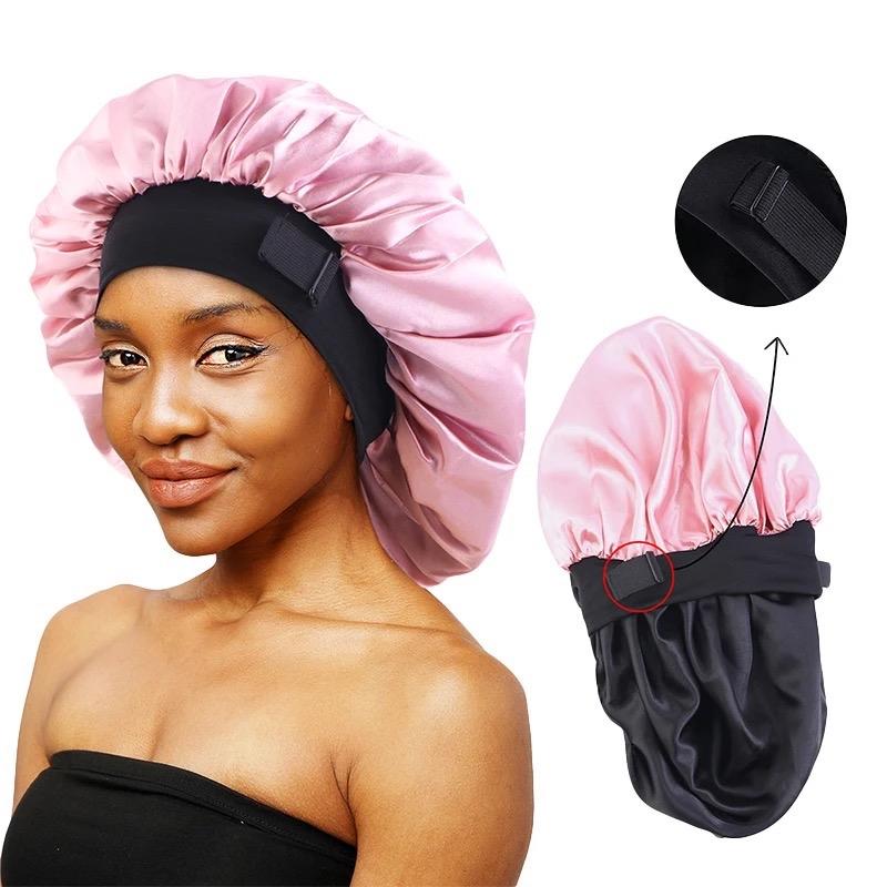 Adjustable Double Layer  Bonnet for Black Women Sleeping -  Sleep Cap for Curly Hair, Lightweight and Skin-Friendly Accessory black woman   satin silk black woman Bean Paste &Pink Haircare Heatless Elastic