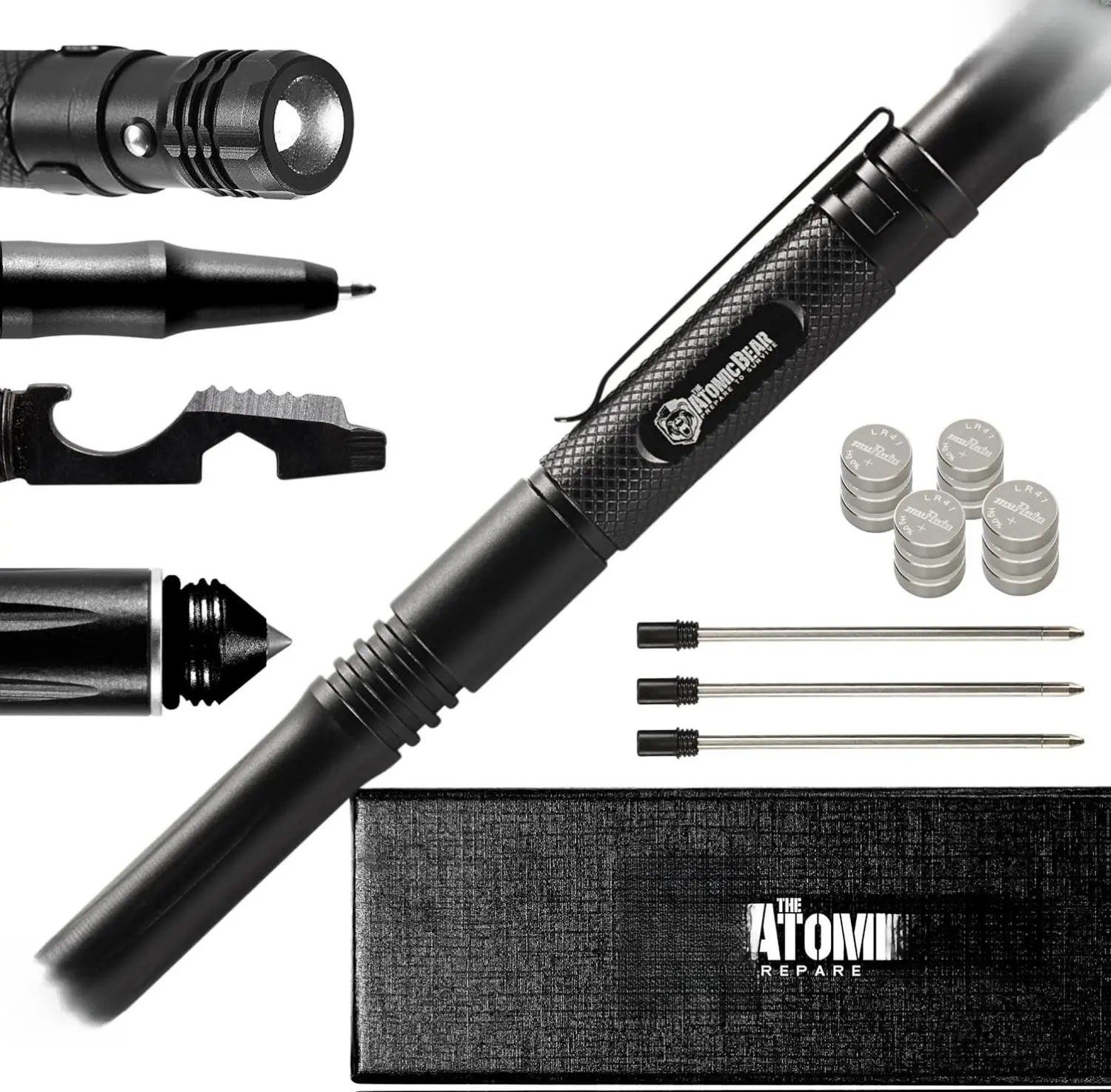 Tactical Pen – Self Defense Pen & Multi-tool Pen - Flashlight Survival Pen for Men & Women - Tactical Gear & Gift - Military EDC Pen + Glass Breaker + Bottle Opener – 3 Ink Refills + 12 Batteries