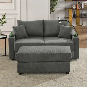 73''W Corduroy Sofa for Living Room, Comfy Couch with Storage Armrest, Two Cup Holders, Loveseat Sofa with Medium Firm Seat Cushion, Corduroy Couches for Apartment