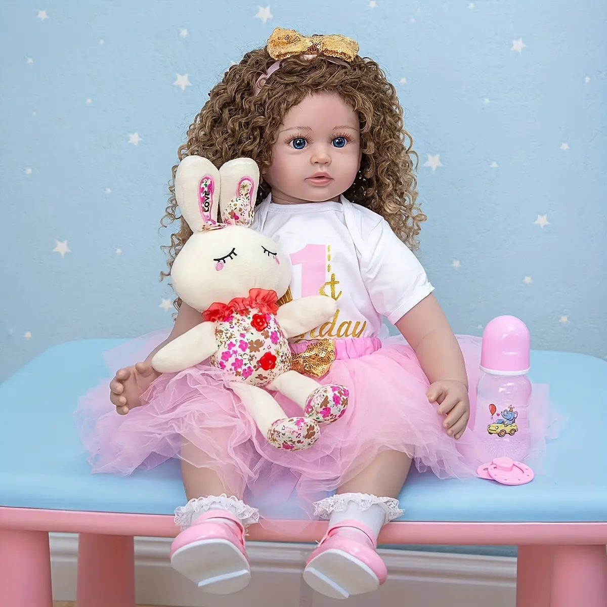 Newborn Baby Girl Reborn Doll 24/60cm Long Curly Hair Pink Outfit Soft Weighted Collectible Toy for Valentine's Day Birthday