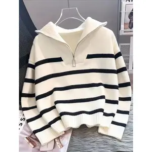 Women's Striped Print Zipper Drop Shoulder Sweater, Casual Long Sleeve Collared Jumper for Daily Outdoor Wear, Women Knitwear Top for Fall & Winter,?National Day Clothing