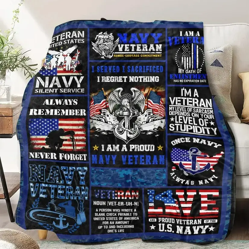 Navy Veteran Patriotic Fluffy Fabric Body-Warming Blanket, Ultra-Soft Flannel Throw, Cozy Military Appreciation Gift for Veteran Men, US Navy-Inspired Sofa Bed Birthday Christmas Gift, Body-Warming Blankets, Fluffy Fabric Blankets
