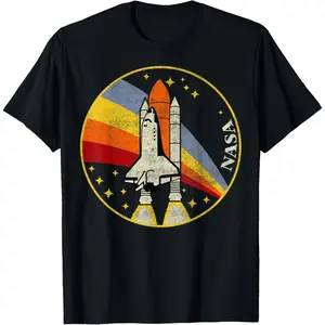 NASA Vintage Distressed Classic Rainbow Stripe Shuttle Badge T-Shirt Retro Space Astronaut Printed Graphic Tees for Men Women Casual Summer Short Sleeve Shirts