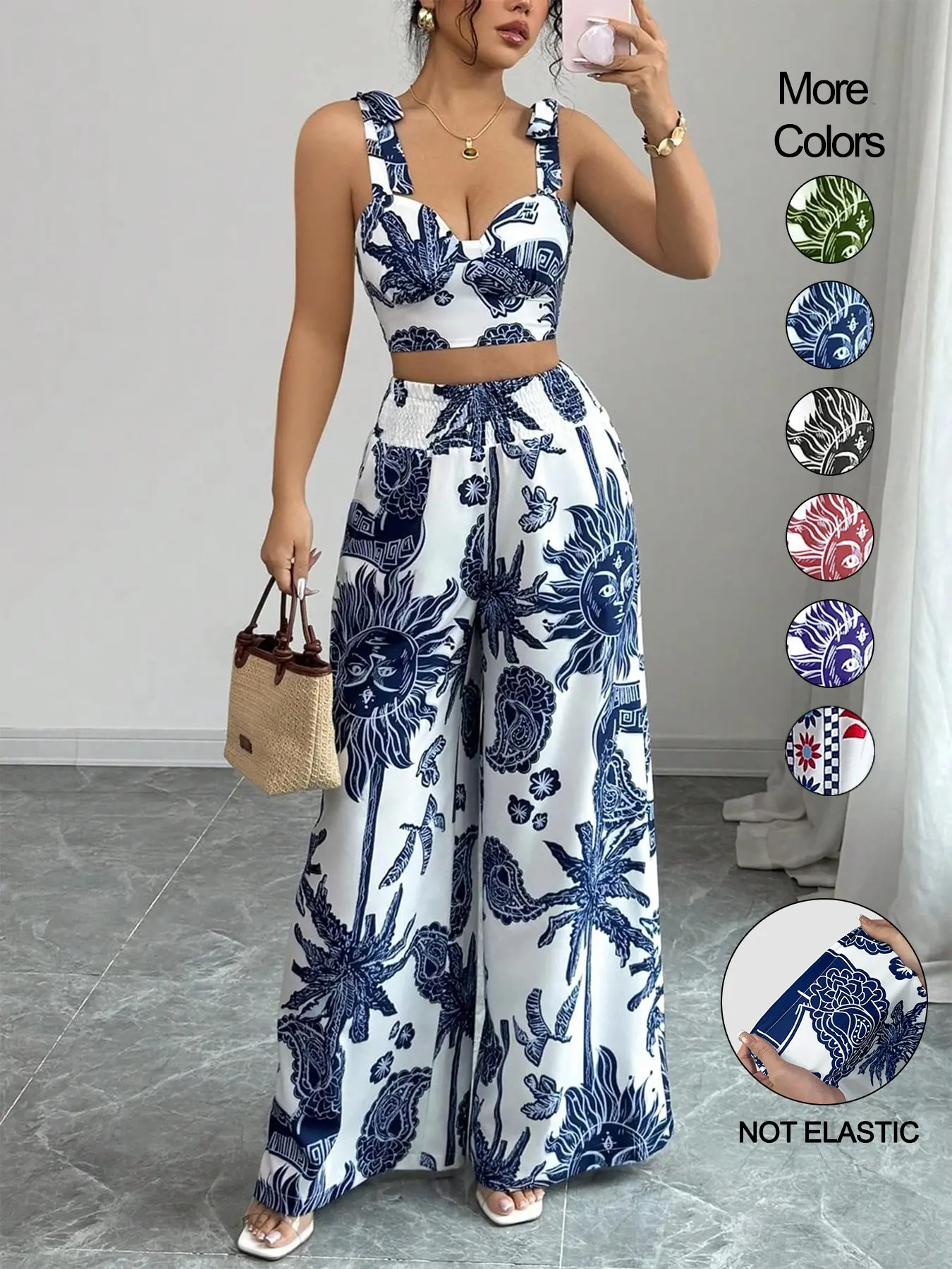 Women's Boho Style Chic Floral Print Sleeveless Top & Belted Straight Leg Pants Set, Summer Casual for Vacation Wear Women's Boho Style Chic Floral Print Sleeveless Top & Belted Straight Leg Pants Set, Summer Casual for Vacation Wear