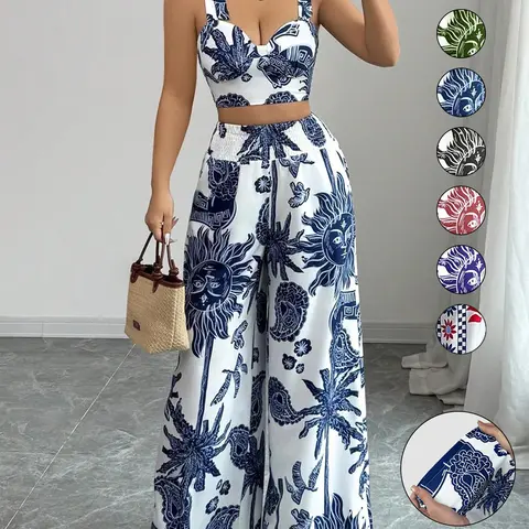 Women's Boho Style Floral Print Sleeveless Top & Belted Straight Leg Pants Set, Summer Casual for Vacation Wear, Beach Outfits Set