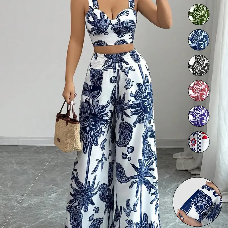 Women's Boho Style Floral Print Sleeveless Top & Belted Straight Leg Pants Set, Summer Casual for Vacation Wear, Beach Outfits Set