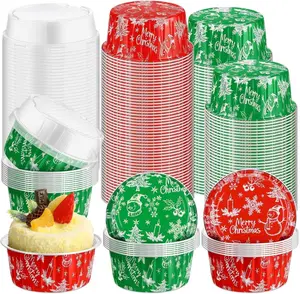 100 Pcs Christmas Ramekin Aluminum Foil Baking Cups with Lids, Disposable Mini Muffin Liner Tins Snowflake Snowman Christmas Tree Cupcake Containers for Xmas Holiday Party Supplies