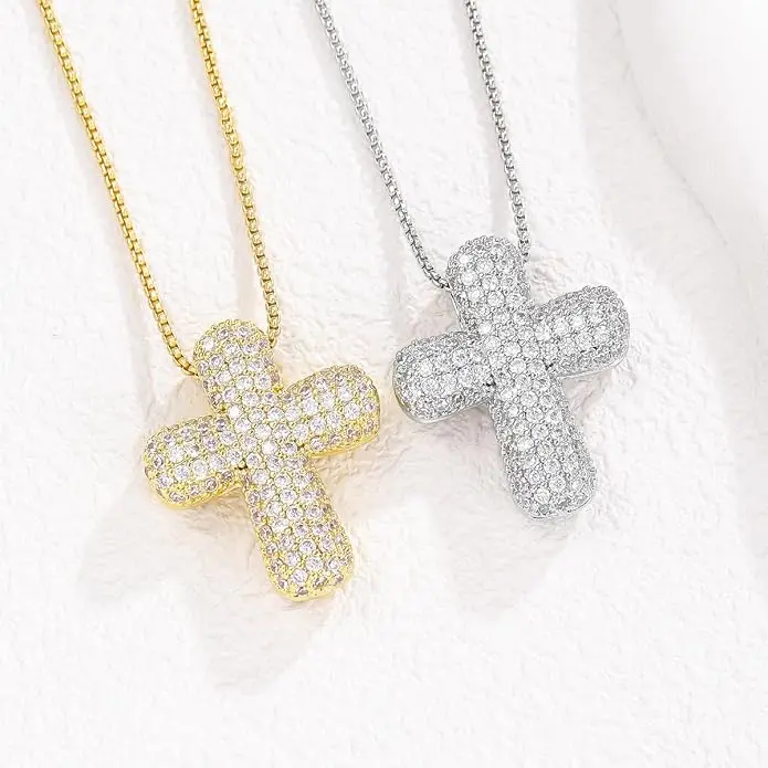 Bubble Cross Necklace for Women, Gold Plated Cubic Zirconia Cross Pendant Necklaces Simple Trendy Faith Jewelry Gifts
