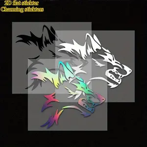 A creative 2D flat sticker showcasing a wild wolf head, suitable for cars; A personalized reflective sticker suitable for windshields of cars and motorcycles.