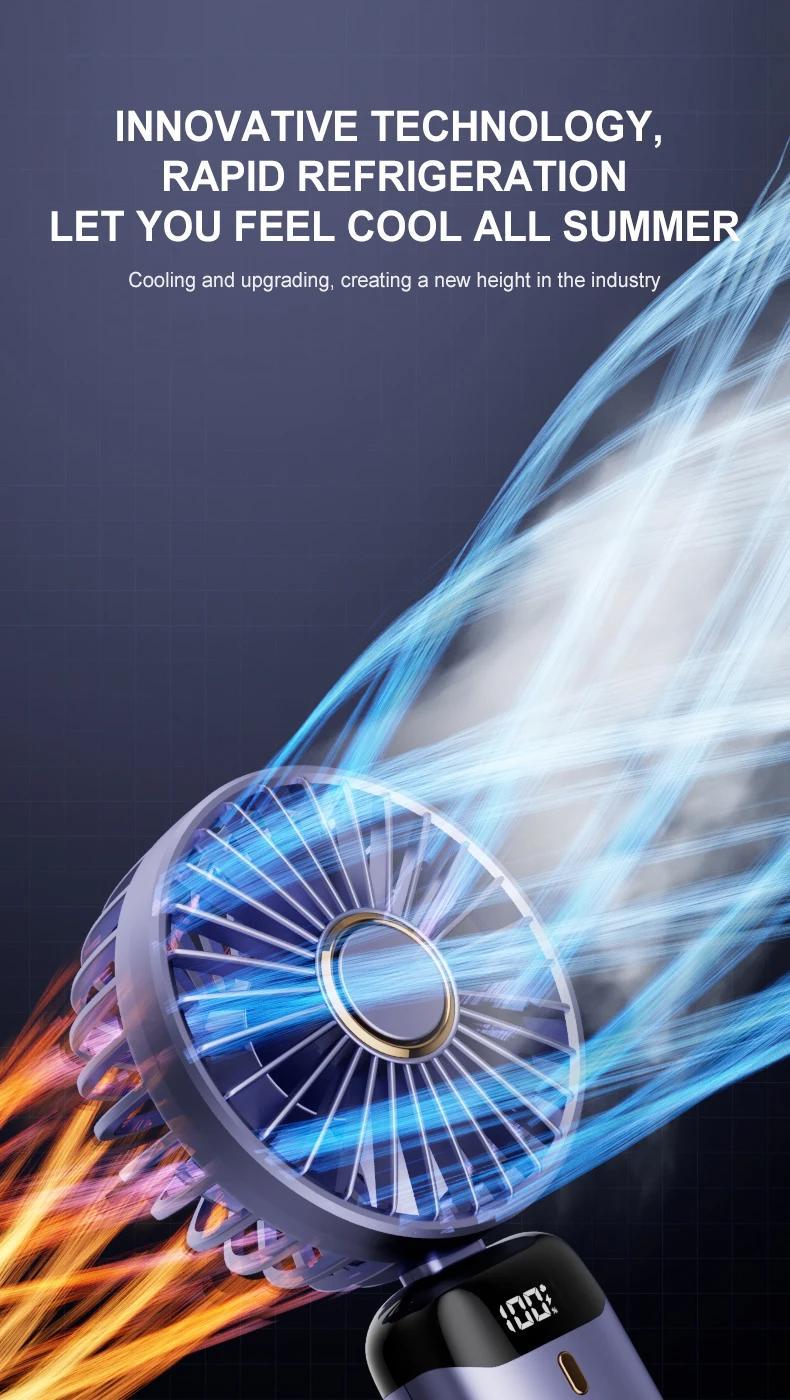3000mAh Handheld Mini Fan Foldable Portable Neck Hanging Fans 5 Speed USB Rechargeable Fan with Phone Stand and Display Screen