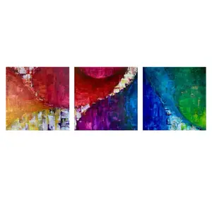 “Colour-Jour” (Colorful Day), 2020 | Acrylic and découpage on canvas | 36 x 36 inches | 91.4 x 91.4 cm /ea. panel  [triptych 3 x 9 ft] | Fine Art Contemporary Painting /  Luxury Interior Design