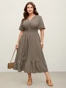 BLOOMCHIC Geometric Print Waist-Cinched Tiered Midi Dress with Ruffle Sleeves & Side Seam Pocket in Tan, Dark Green, Black, Burgundy, Army Green