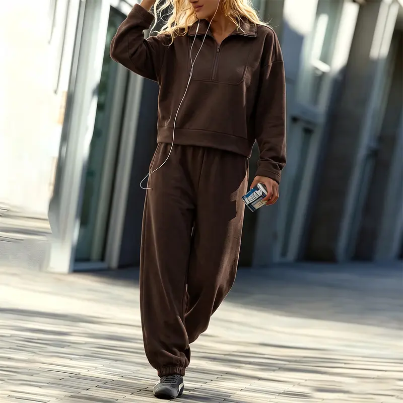 Chicovar Women's Casual 2-Piece Sweatsuit Set - Quarter Zip Cropped Pullover Sweatshirt & High Waist Jogger Pants with Pocket - Oversized Matching Set, Airport Travel Outfit, Fall Winter Athleisure Tracksuit, Sohochic