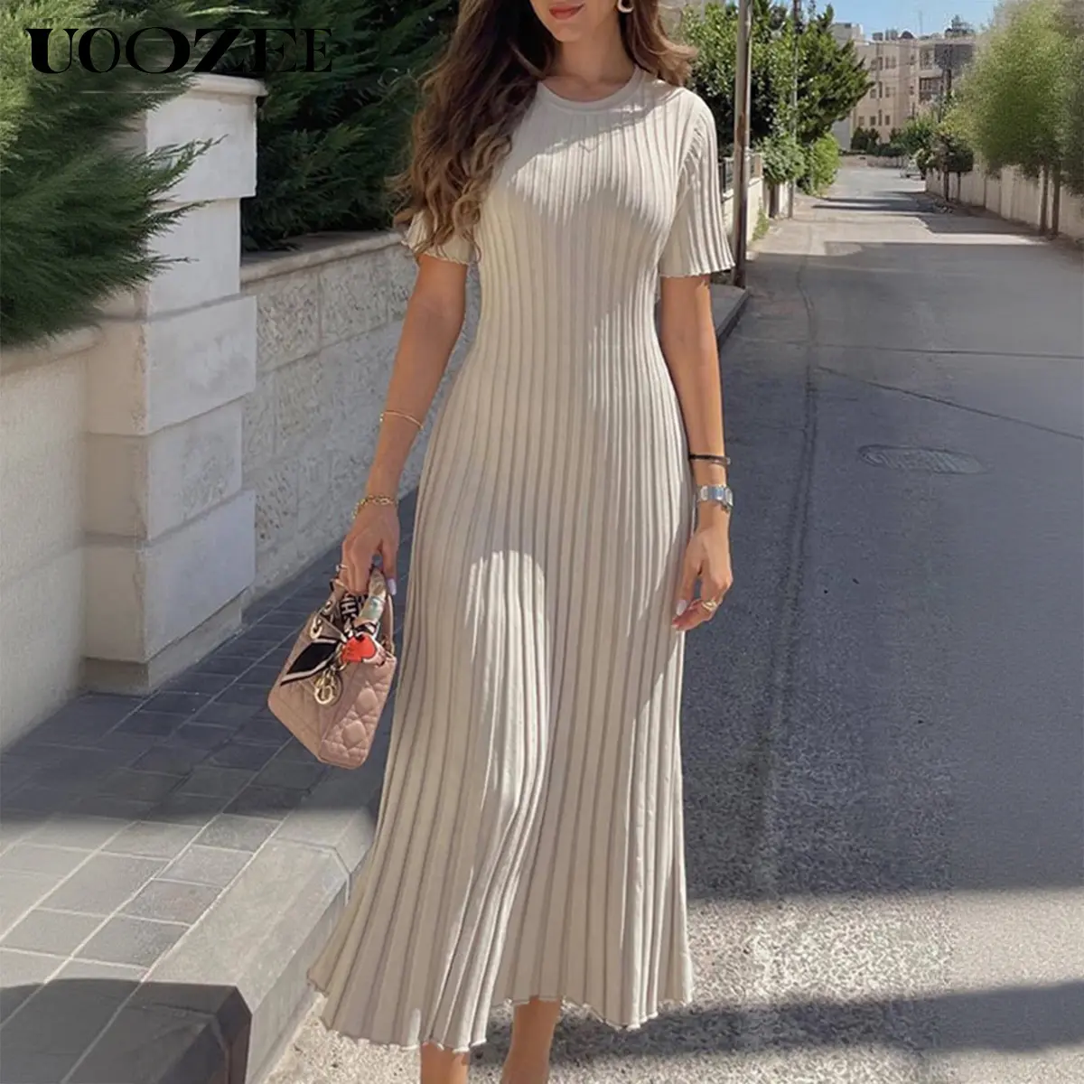 UOOZEE Women's 2026 Spring-Autumn Breathable Polyester-Spandex Cropped Bustier Bodycon Dress - Round Neck, Shortsleeve, Adjustable Tied Waist, Slim-Fit, Elegant Feminine Beach Evening Party Wear (Sizing Runs Small - Check Size Guide or Order Larger), Eleg
