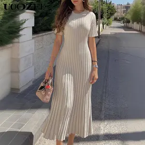 UOOZEE Women's 2026 Spring-Autumn Thin Polyester-Spandex Cropped Bustier Bodycon Dress - Round Neck, Short Sleeves, Adjustable Tied Waist, Slim-Fit Maxi, Elegant Evening Party Wear (Sizing Runs Small - Check Size Guide or Order Larger), Bag, Cloth,summerv