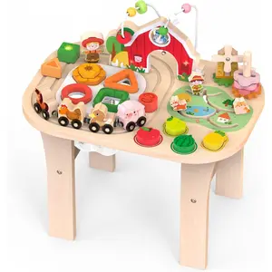 Activity Table, Baby Wooden Sensory Table with Bead Maze Shape Sorter Train Track, Farm Montessori Toy Activity Center Educational Learning Toys For 1 Year Old, Toddler, Kids 12+ Months