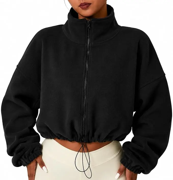 EROSEL Women's Full Zip Fleece Short Jacket – Warm Winter Long Sleeve Stand Collar Sherpa Crop Coat – Lightweight Jackets For Women, Workout Jacket, Black Fleece Jacket Women Winter Clothing For Woman