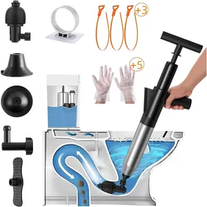 Stainless Plunger Kits,Air Drain Gun Plunger High Pressure with 5 Heads,Dashboard Barometer,Sewer Sink For Clogged Tubs (Stainless)