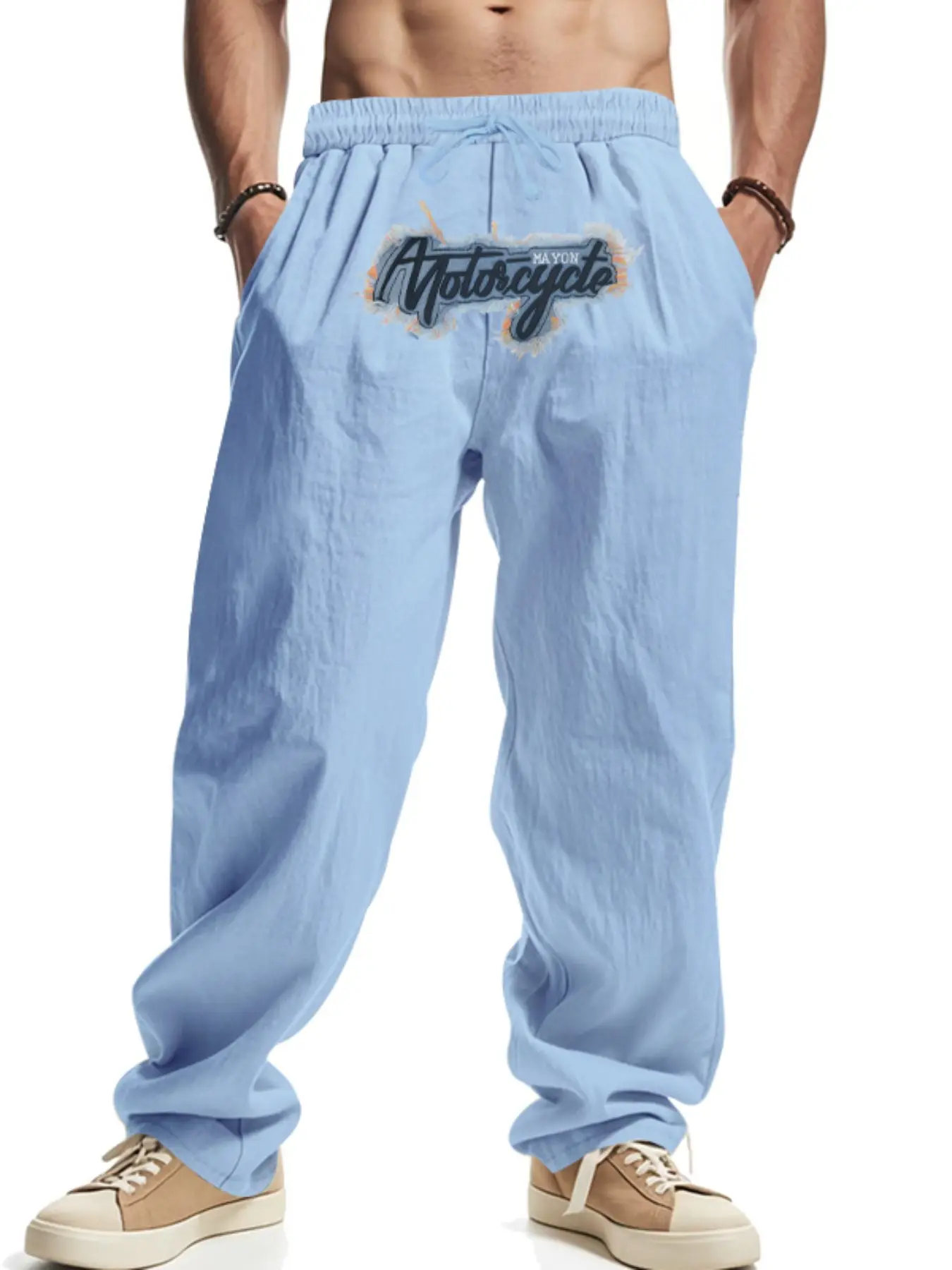 Men's Linen Loose Fit Wide Leg Jogger Pants, High Street Trendy Washed Embroidered Casual Sports Long Pants, American Cross-Border Style
