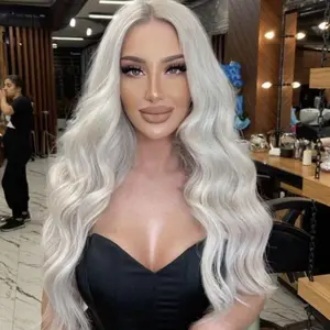 SUESHE Wigs 13*4 Silver and gray Colored Wig 26 Inch Long Wave Lace Front Wig for Women Natural Heat Resistant Fiber Synthetic White Body Wave Wigs