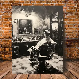 [2D Flat] 1pc Vintage Barber Shop Canvas Wall Art with Wooden Frame - 11.8"x15.7" Black & White Hairdresser Portrait, Classic Salon Decor for Home or Classroom, Indoor Wall Hanging, Barber Shop Decor| Classic Barber Scene| Wooden Frame Art, Perfect f