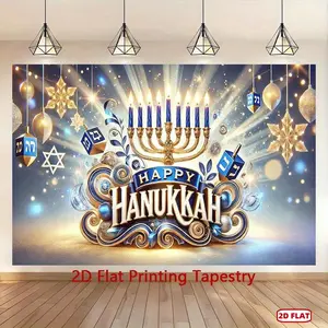 2D Flat, 1pc Hanukkah Tapestry - Shining Menorah & Dreidels with Snowflakes, Blue & Golden Festive Wall Hanging for Living Room or Bedroom Decor, Non-Embroidered Fabric, Perfect for Weddings,
