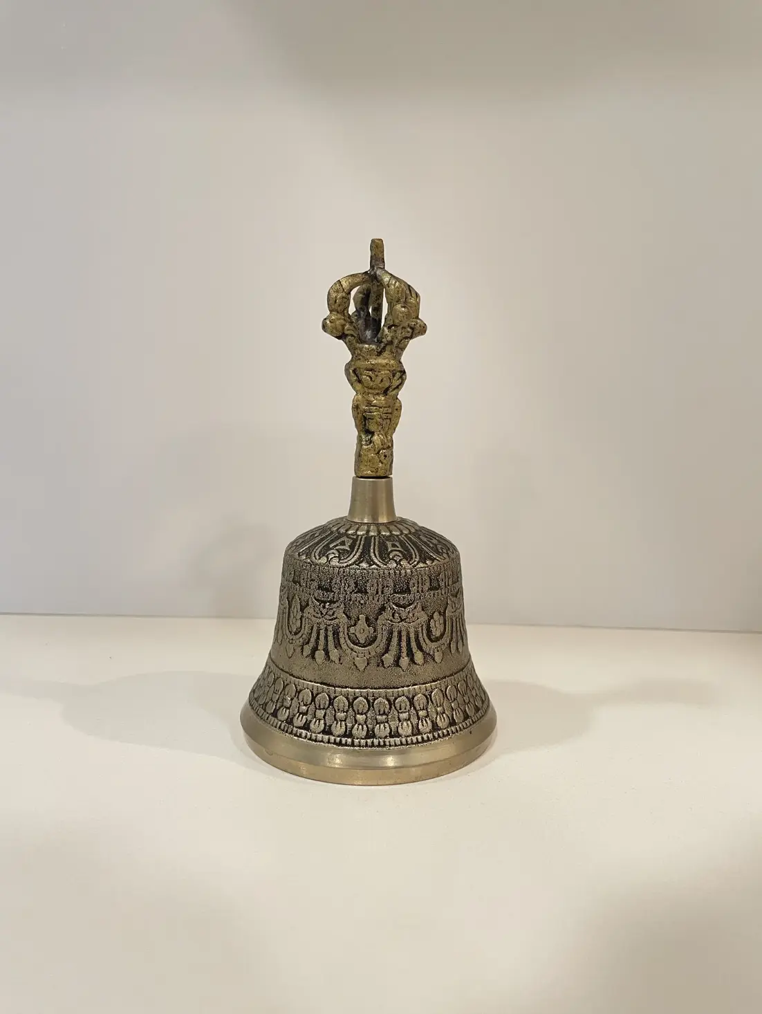 Tibetan Meditation Bell - Brass with Etched Sacred Symbols & Half-Vajra Handle