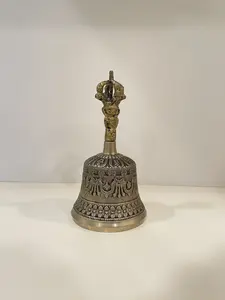 Tibetan Meditation Bell - Brass with Etched Sacred Symbols & Half-Vajra Handle
