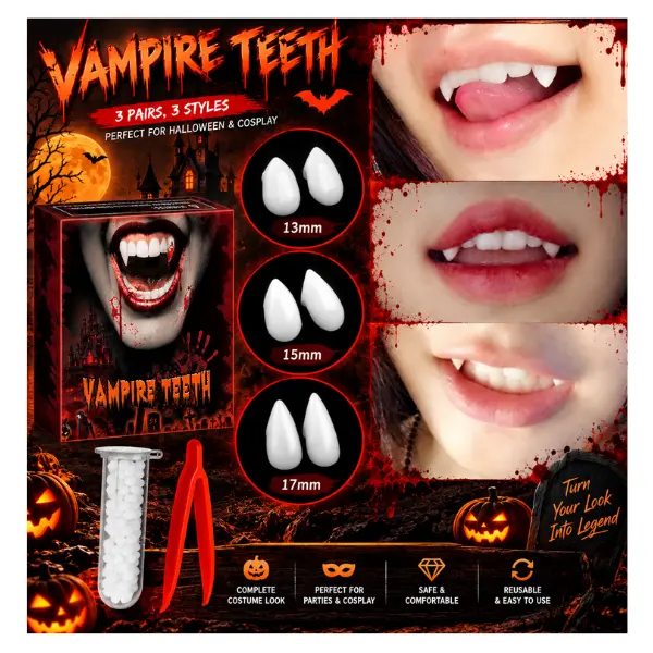 3 Pairs Halloween Vampire Fangs, Horror False Teeth Dentures for Adults, Cosplay Costume Teeth, Vampire Party Favors & Halloween Accessories