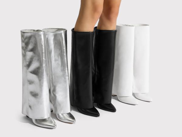 Dream Pairs Women's Fold-Over Knee-High Boots - PU Leather, Pointed Toe, Chunky Heel, Side Zip, 4mm Latex Cushioned Insole, Party Chunky Shoes, Casual Footwear