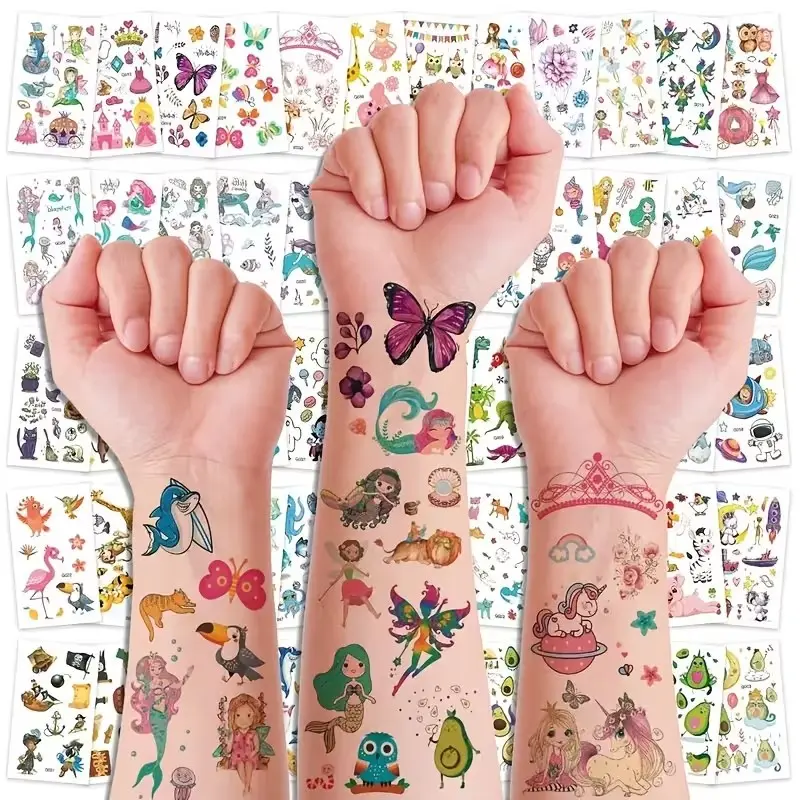 60 Sheets 600+ Temporary Tattoo Stickers, Avocado, Mermaid, Shark Princess Designs, Arm Temporary Fake Tattoos, Perfect for Daily Party Body Decorations and Accessories