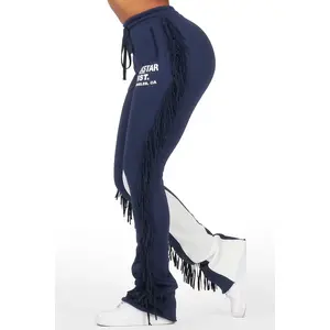 Kendra Navy Fringe Stacked Flare Track Pant