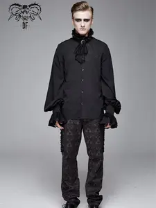 SALE Mens Black Shirt by Devil Fashion ~ Ruffle Collar ~ Removable Tie ~ Balloon Sleeves ~ Button Front ~ Halloween Costume Dracula Vampire ~ Groom Wedding Top for Tuxedo