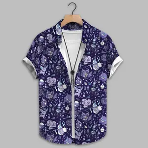 Gengar Ghost Type Inspired Hawaiian Shirt for Men, Spooky Anime Aloha Shirt, Tropical Button Up Shirt, Dark Fantasy Beach Vacation Outfit, Gothic Summer Shirt, Anime Fan Gift, Hawaiian Party Shirt, Vacation Resort Wear