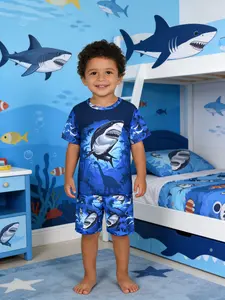 Boys' 2-Piece Cartoon Animal Print Pajama Set, Round Neck Short Sleeve Shorts, Fitted Cut, Cute Homewear Sleepwear, Pajama Lounge Sets, Summer Comfortable, Sleepwear Pajamas