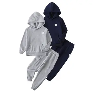 4-Piece Boys' Fall/Winter Fashion Solid-Color Hooded Sweatshirt & Long Pants Set Boys' Holiday Wear Sports & Casual Outfit Sweatpants Grey