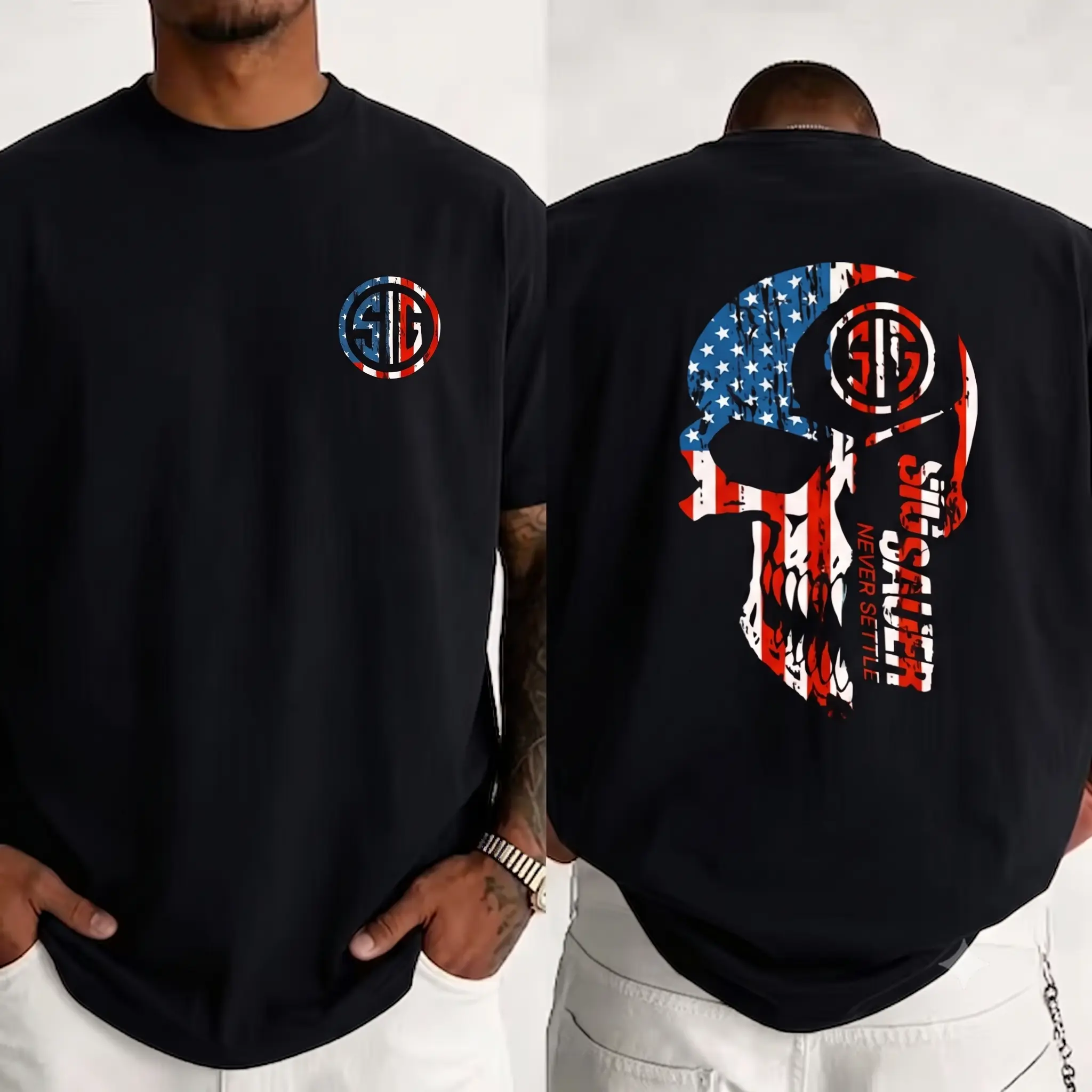 Men's Cotton 2-Sided American Flag Graphic Short-Sleeve Round Neck Breathable Casual T-Shirt, Unisex Fitted Cut Top, Tactical Gear for Gun Enthusiasts, Gifts for Boyfriend