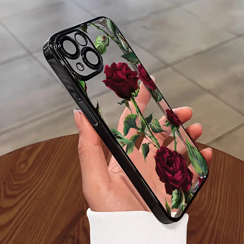 Red Bright Roses TPU Electroplating Cellphone Case, Camera Protector Accessories for iPhone 17 Pro Max-17 Air, 16, 15, 14, 13, 12, 11 - Drop-Protective Cover, Ideal Gift Choice
