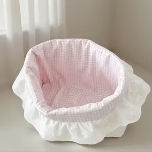 Kawaii Pink Gingham Print Fabric Storage Basket - Lace Trim, Delicate Ruffle Trim, Lightweight Handmade Home Organizer for Desk, Bedroom Vanity, Gift