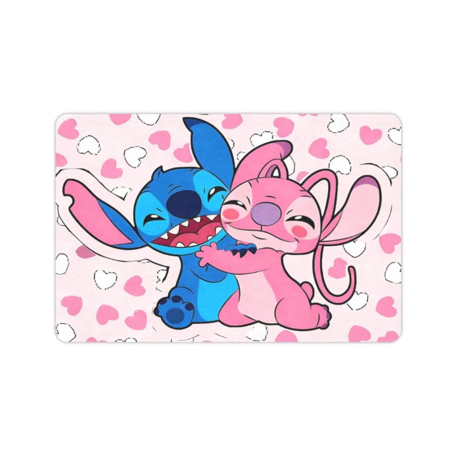 DISNEY CLASSIC Stitch & Angel Love Heart Print Doormat, Non Slip Low Profile Floor Rug, Cute Cartoon Anime Indoor Outdoor Entrance Mat For Home Bedroom Decor