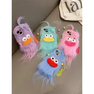 Korean 3D Funny Fluffy Plush Monster Case for iPhone 15 Pro Max 14 Plus 13 12 11 Covers Soft Fur Protective Stylish with Blue Screen Protection Casing Protector Smartphone Cellphone Shockproof