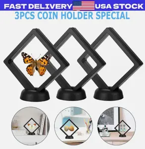 3 Pack Black 3D Floating Coin Display Frame Holder Box Case Black&Stand Φ2.2In