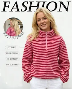Women's Spring Autumn Fleece Sweatshirt Long Sleeve Half Zip Up High Neck Striped Pullover