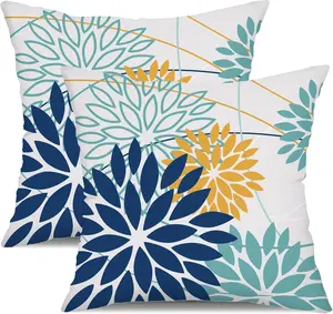 Dark Blue & Light Green Floral Outdoor Pillow Covers – 18x18 Waterproof Polyester Cushion Covers, Set of 2 for Couch, Patio Furniture, Garden & Porch